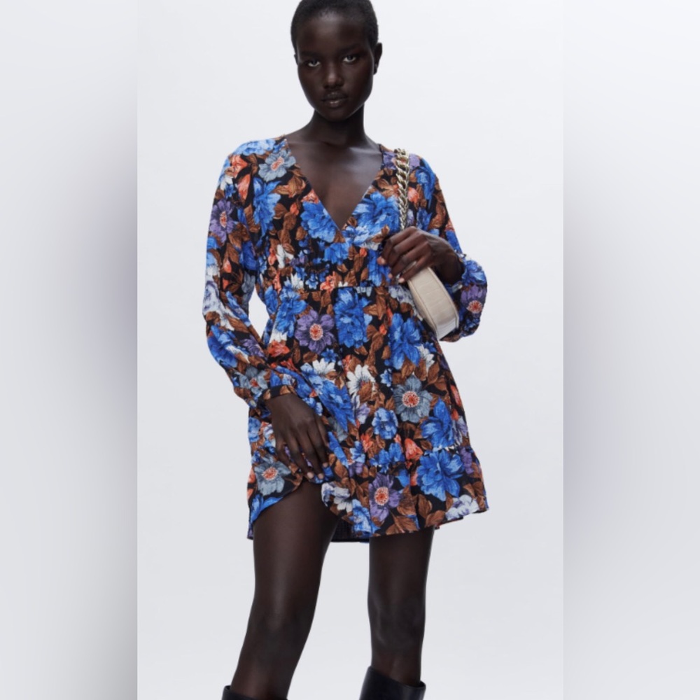 Zara Blue Long Sleeve V-Neck Cocktail Dress